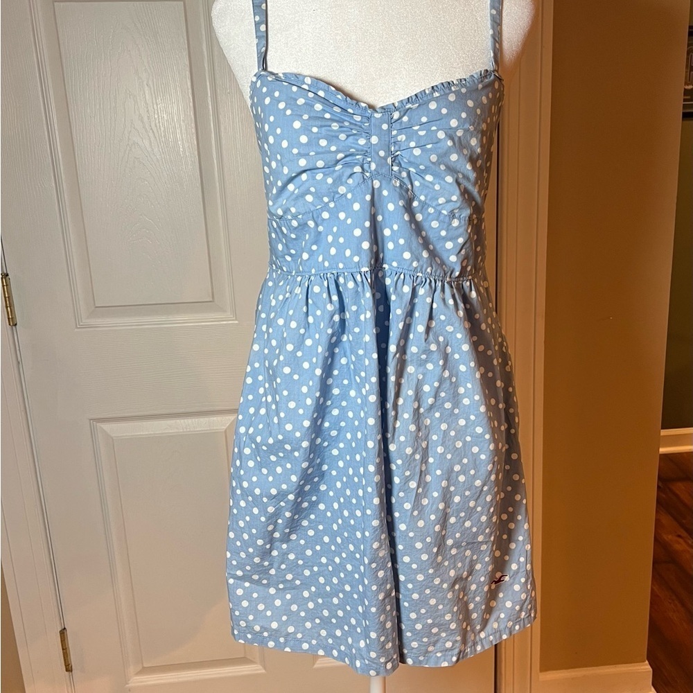 HOLLISTER SZ LARGE BABY BLUE POLKA DOT CROSS BACK MIDI BABYDOLL SUMMER CASUAL